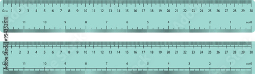 Set of Green Ruler Flat icons. Size, height, distance ruler vectors. Measure length web signs. Horizontal scale with 12 inch and 30 centimeter markup and numbers isolated on transparent background.