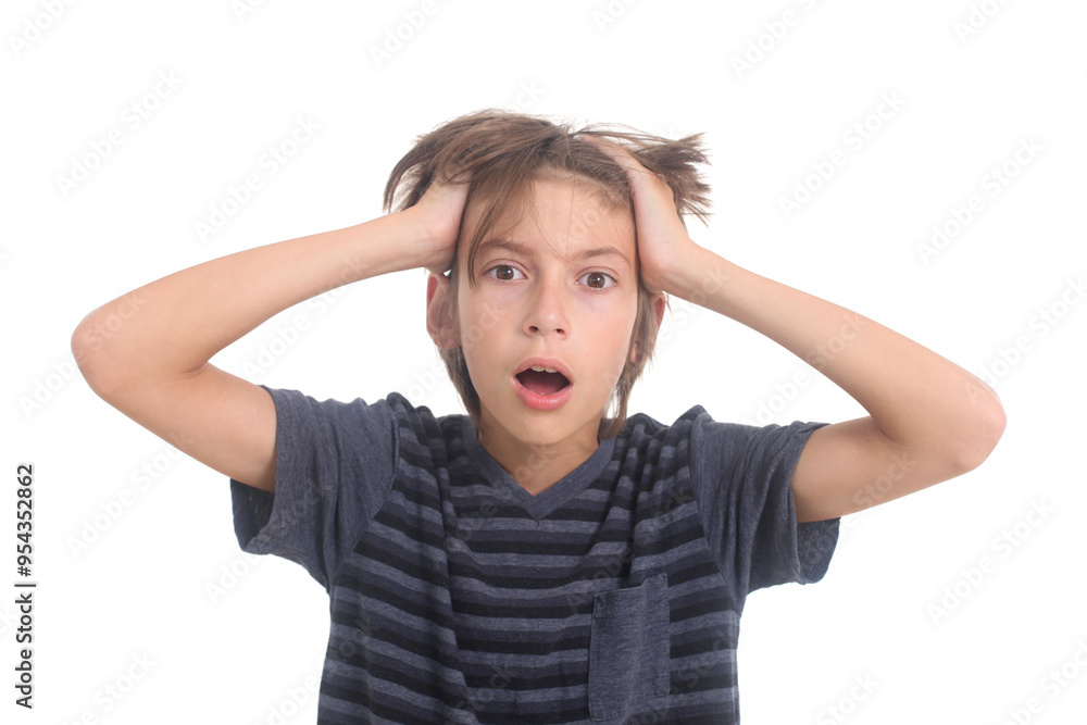 stressed out and shocked preadolescent boy on white background stressed out and shocked preadolescent boy on white background
