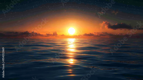 Sun in all it's warmth resting on a calm ocean water bed photo