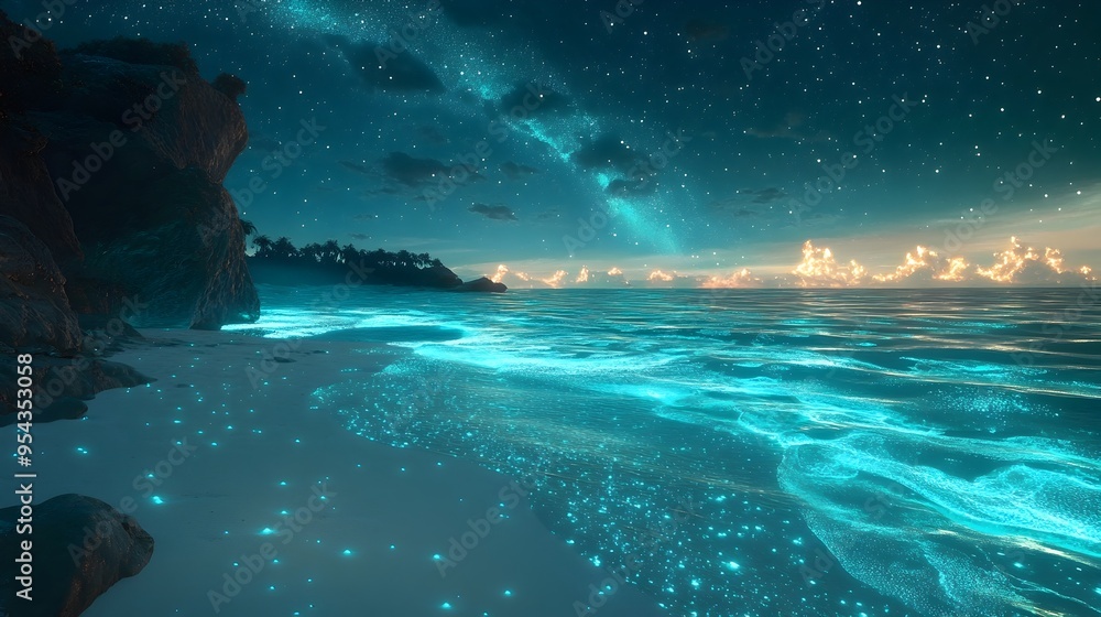 Fototapeta premium A futuristic beach in the year 2050 where glowing sand and bioluminescent waves create a dreamy otherworldly scene set against a sky filled with twinkling stars and a cosmic interstellar atmosphere