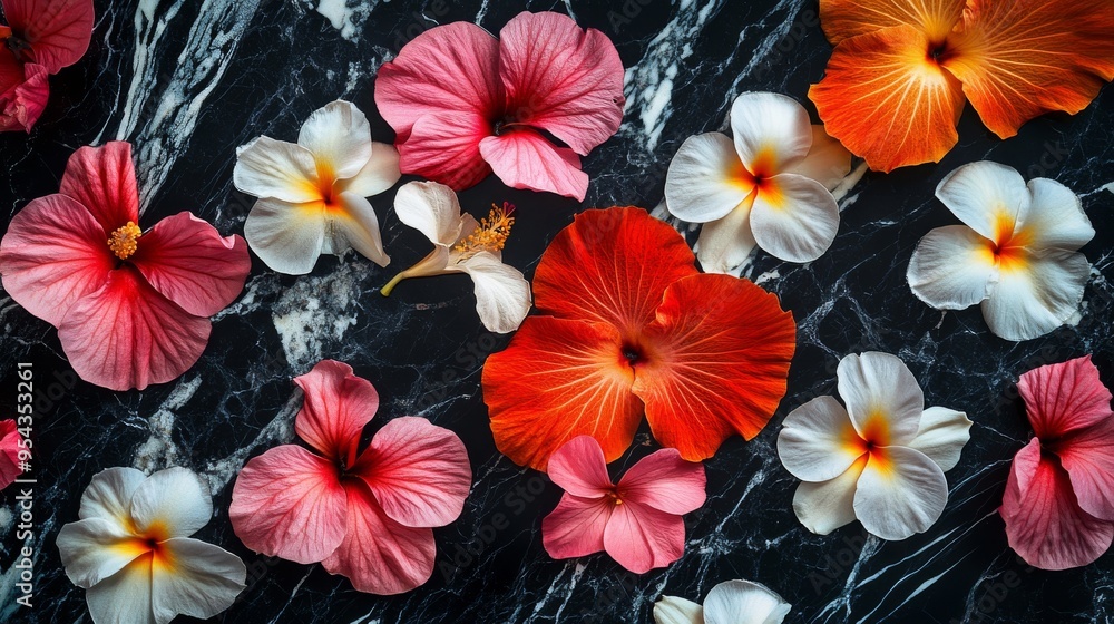 Colorful Tropical Flowers on Black Marble Surface Colorful Tropical Flowers on Black Marble Surface