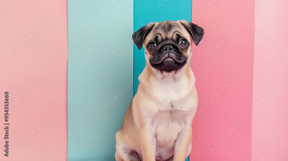 A cute pug dog sitting on a pink and blue background with big round eyes A cute pug dog sitting on a pink and blue background with big round eyes