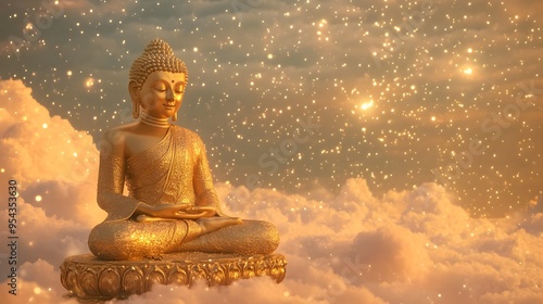 Peaceful golden Buddha statue sitting serenely under a starry night sky with soft glowing light on the sacred Asalha Puja Day photo