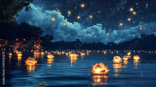 Serene river scene during Magha Puja floating lotus lanterns glowing softly on the water surface under a sky filled with sparkling stars photo