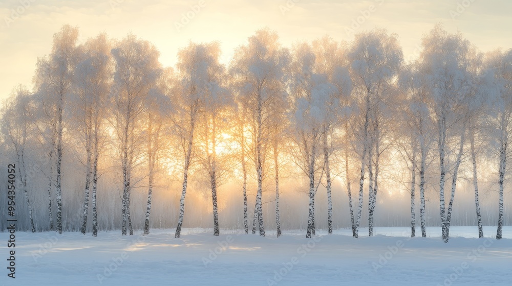 Frosty Birch Trees Illuminated by Sunrise in a Snowy Forest Frosty Birch Trees Illuminated by Sunrise in a Snowy Forest