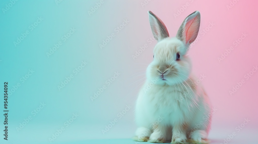 Obraz premium A fluffy bunny with long ears on a pink and blue gradient background