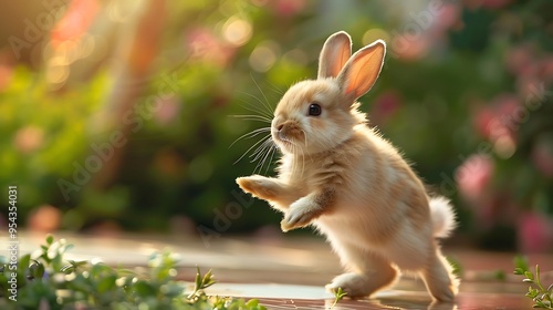 A fluffy bunny hopping on tiled color background photo