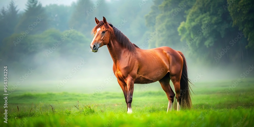 Majestic brown horse in a green meadow with visible joint and leg structure under shiny coat, subtle misty background Majestic brown horse in a green meadow with visible joint and leg structure under shiny coat, subtle misty background