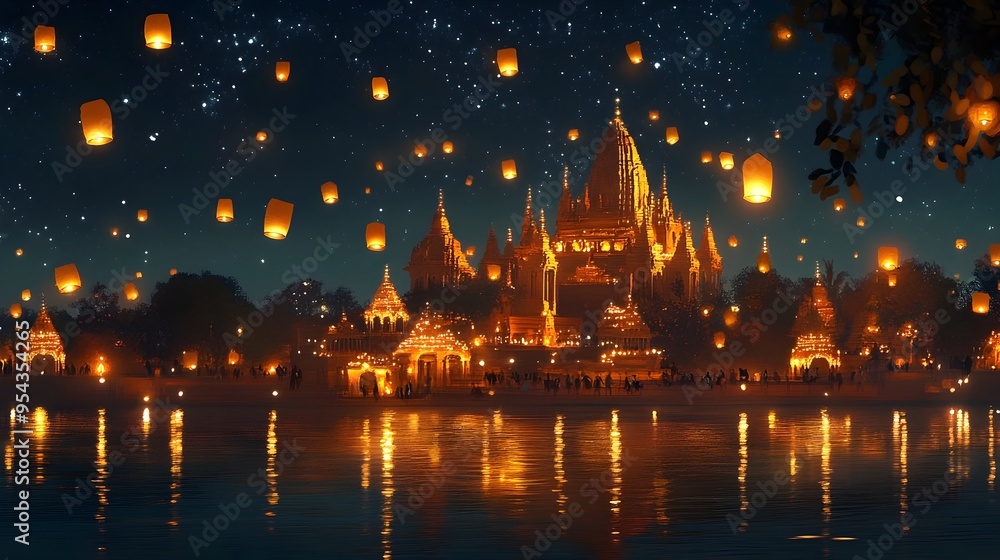 Obraz premium Peaceful night during the Festival of Lights with lanterns floating into the starry sky surrounded by the soft glow of temple lights and a serene magical atmosphere