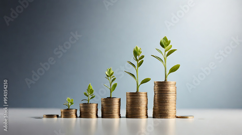 A row of stacked coins progressively increasing in height, with a small plant sprouting from the tallest stack, placed on a clean background with ample copy space, the idea of financial growth 