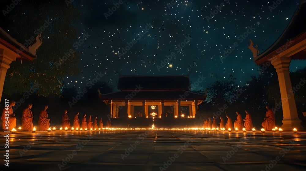Fototapeta premium Serene starlit night during Visakha Bucha in Thailand where monks chant by candlelight in the temple courtyard with the sky filled with twinkling stars overhead