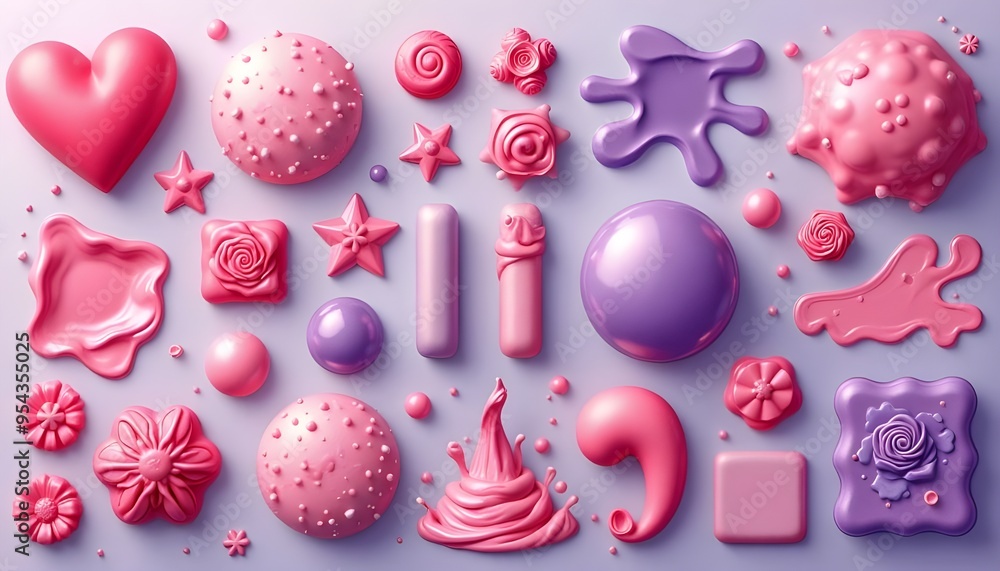 Bubble gum splashes mega set elements in flat graphic design. Bundle objects of pink and purple chewy sweet candies, jelly stains, slimy stripes, gummy and sticky stretchy forms. Vector illustration Bubble gum splashes mega set elements in flat graphic design. Bundle objects of pink and purple chewy sweet candies, jelly stains, slimy stripes, gummy and sticky stretchy forms. Vector illustration
