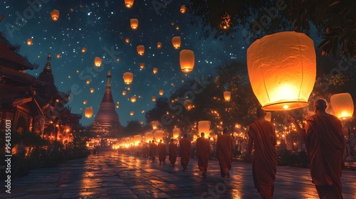 Serene Procession of Glowing Lanterns in a Temple Garden Under a Starry Sky During the Festival of Lights   Peaceful night scene with monks carrying illuminated lanterns through a tranquil garden photo