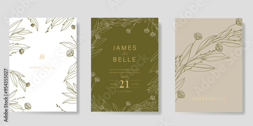 Elegant wedding invitation card background vector. Minimal hand flower line art on green background. Design illustration for wedding, vip cover, poster, rsvp modern card.