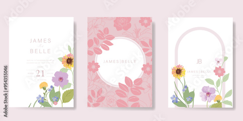 Elegant wedding invitation card background vector. Minimal hand painted watercolor botanical flowers texture template background. Design illustration for wedding, vip cover, poster, rsvp modern card.