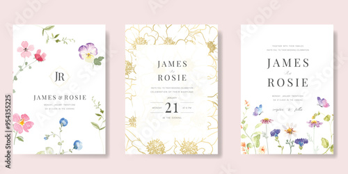 Elegant wedding invitation card background vector. Minimal hand painted watercolor botanical flowers texture template background. Design illustration for wedding, vip cover, poster, rsvp modern card.