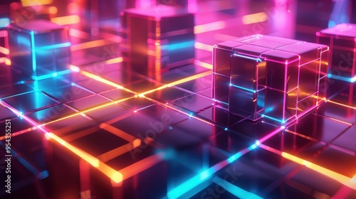 Futuristic glowing neon cubes in a digital landscape, creating a visually striking abstract background illustration for modern and tech themes..