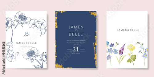 Elegant wedding invitation card background vector. Minimal hand painted watercolor botanical flowers texture template background. Design illustration for wedding, vip cover, poster, rsvp modern card.