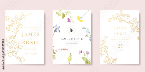 Elegant wedding invitation card background vector. Minimal hand painted watercolor botanical flowers texture template background. Design illustration for wedding, vip cover, poster, rsvp modern card.