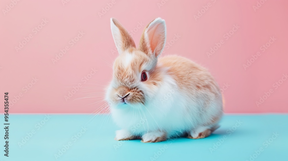 A gentle rabbit with fluffy fur on a smooth pink and blue background A gentle rabbit with fluffy fur on a smooth pink and blue background