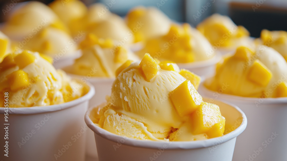 A group of white paper cups filled with mango ice cream, with detailed chunks of mango A group of white paper cups filled with mango ice cream, with detailed chunks of mango