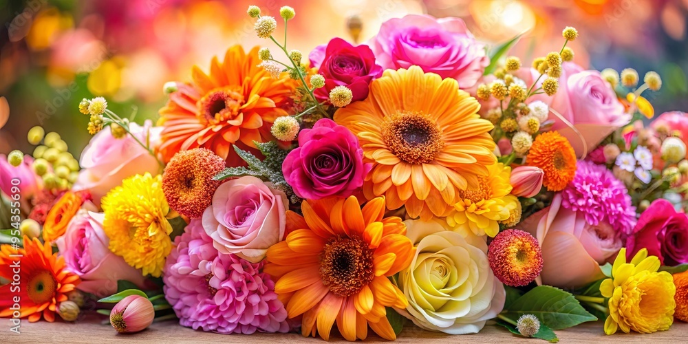 Vibrant floral still life photo featuring a bouquet of flowers surrounded by a sea of blossoms in pink, orange, and yellow hues Vibrant floral still life photo featuring a bouquet of flowers surrounded by a sea of blossoms in pink, orange, and yellow hues