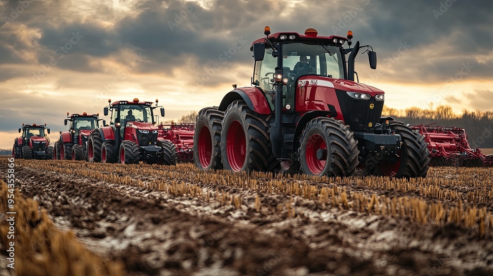 Red Tractors in a Field: Farm Equipment, Agriculture, and Plowing Red Tractors in a Field: Farm Equipment, Agriculture, and Plowing