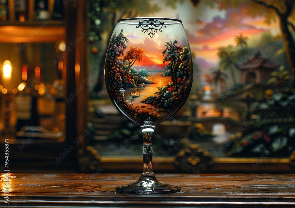 a glass with a painting on it. a glass with a painting on it.