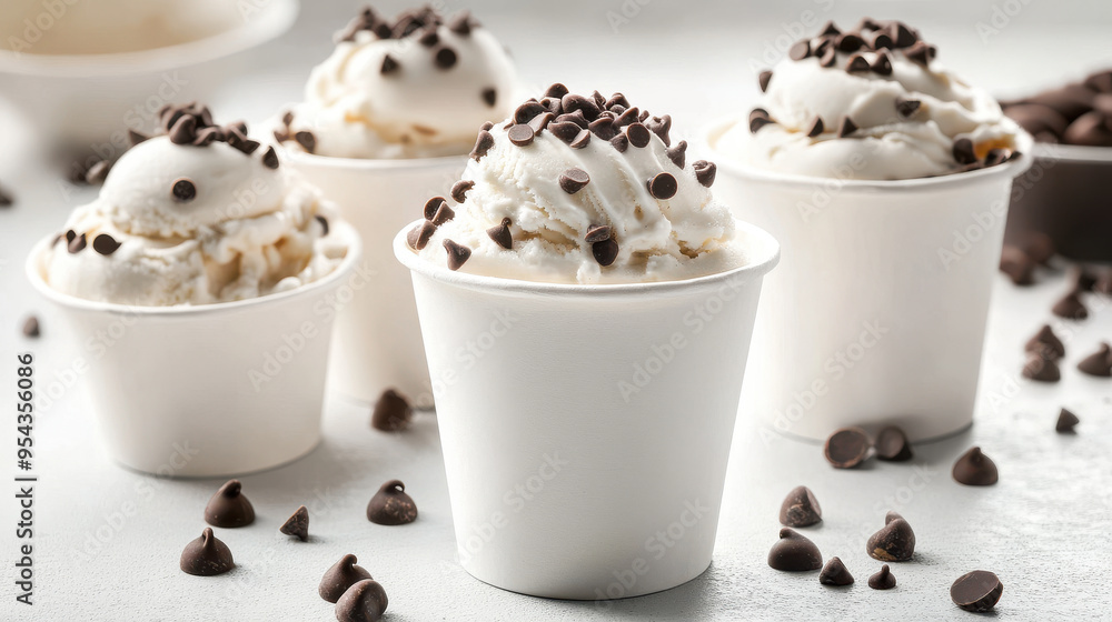 A group of white paper cups with ice cream, featuring realistic chocolate chips and fudge A group of white paper cups with ice cream, featuring realistic chocolate chips and fudge