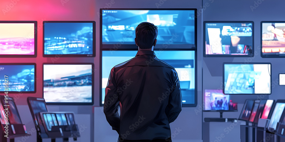 Man Watching Multiple Screens in Technology Store Man Watching Multiple Screens in Technology Store