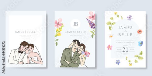 Elegant wedding invitation card background vector. Minimal hand drawn bride and groom in watercolor botanical flowers texture. Design for wedding, vip cover template, rsvp modern card, poster.