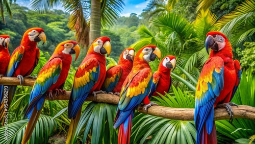 Vibrant macaws and exotic birds perch on lush greenery, showcasing their vibrant plumage and striking features amidst a photo