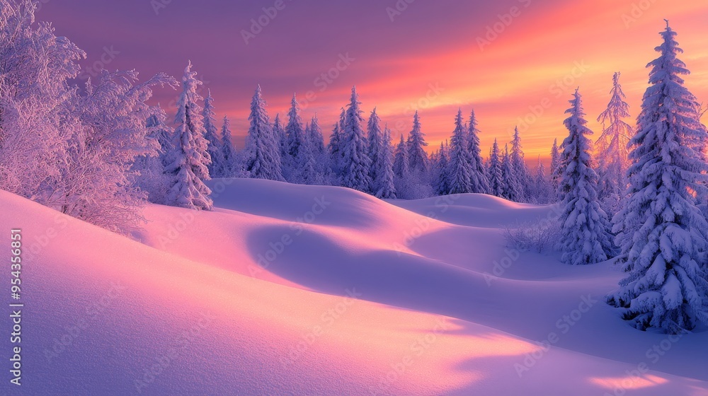 Snow-Covered Forest at Sunset with Pink and Purple Sky Snow-Covered Forest at Sunset with Pink and Purple Sky
