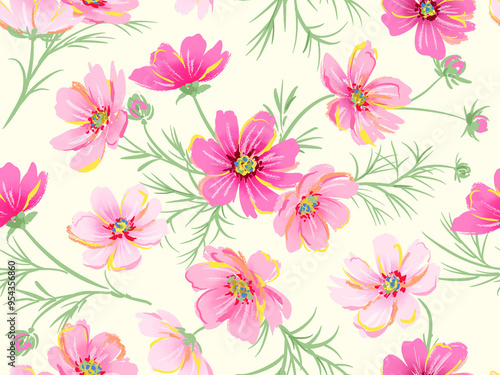 Hand-drawn cosmos seamless pattern. Autumn cosmos wallpaper.