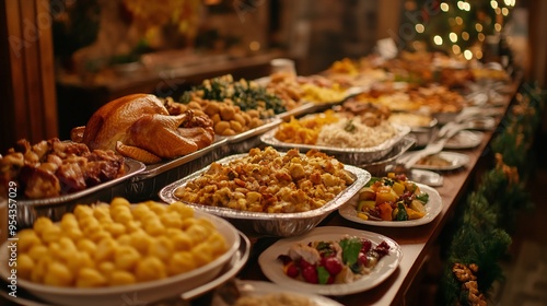 A buffet-style Thanksgiving dinner, with various dishes lined up on a long table, ready to be served