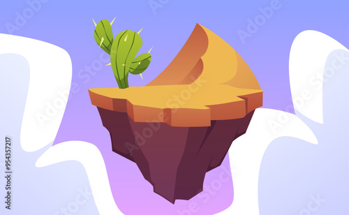 Level platform with cactus in sand dunes, desert land game island floating in the sky, vector cartoon fantasy rock stage