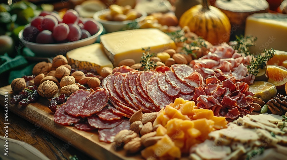 A charcuterie board filled with meats, cheeses, fruits, and nuts, perfect for Thanksgiving appetizers. A charcuterie board filled with meats, cheeses, fruits, and nuts, perfect for Thanksgiving appetizers.