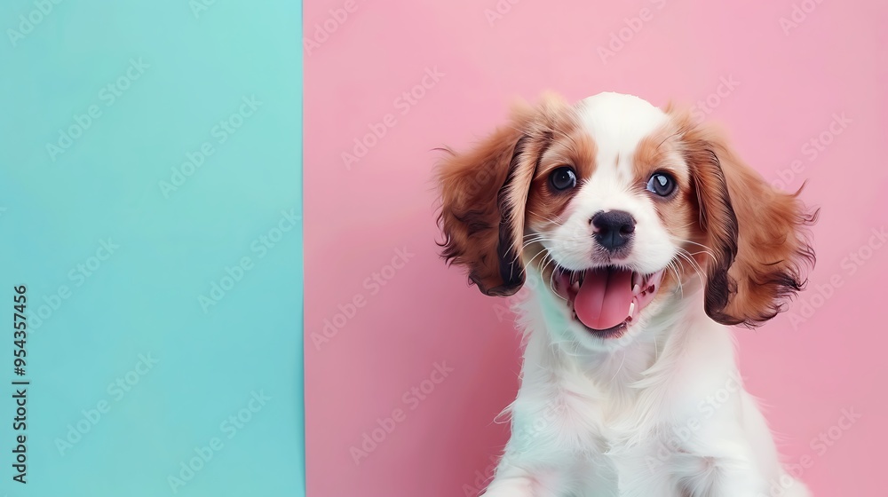 A playful puppy on a pastel pink and blue background looking excited A playful puppy on a pastel pink and blue background looking excited