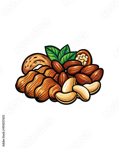 Editable stroke vector of a collection of mixed nuts almonds, cashews, walnuts, and hazelnuts.