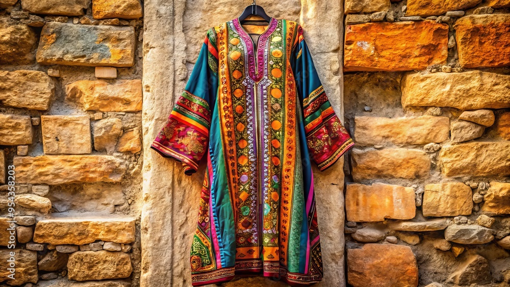 Fototapeta premium Vibrant, multicolored robe with long sleeves and ornate patterns, reminiscent of ancient Middle Eastern garb, draped
