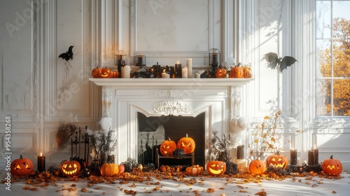 Halloween accents on a white fireplace .