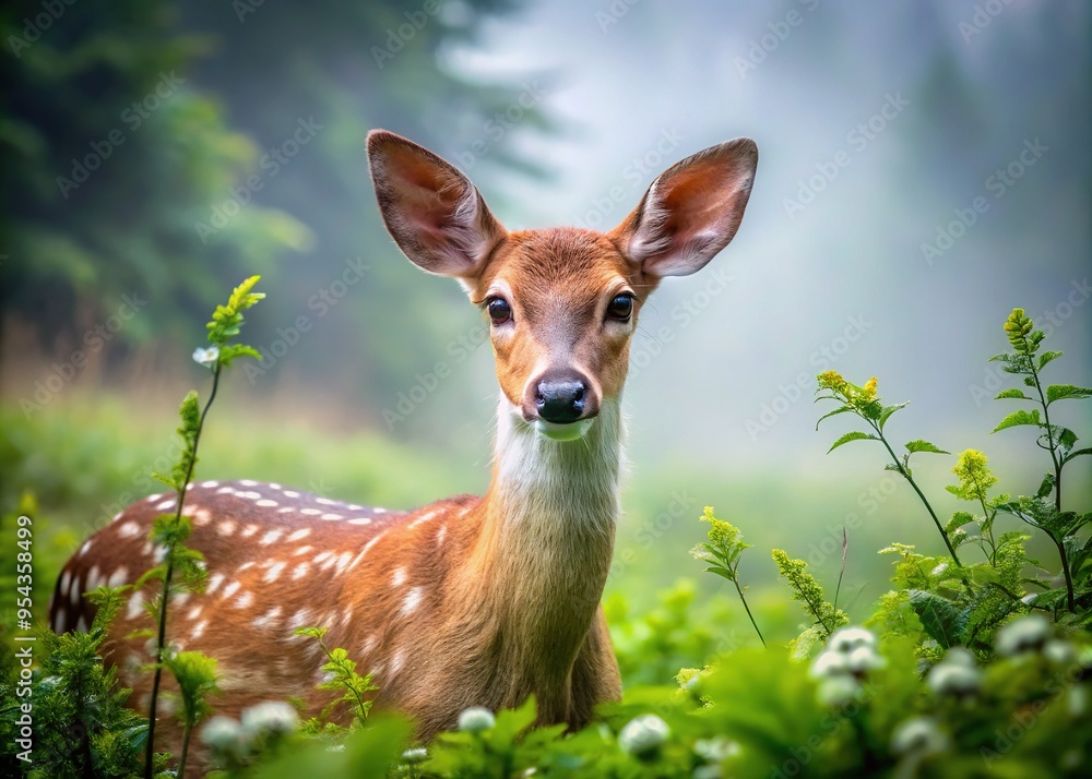 Gentle deer doe with large brown eyes and white-speckled fur grazes peacefully in a serene forest meadow surrounded by lush green foliage and misty atmosphere. Gentle deer doe with large brown eyes and white-speckled fur grazes peacefully in a serene forest meadow surrounded by lush green foliage and misty atmosphere.