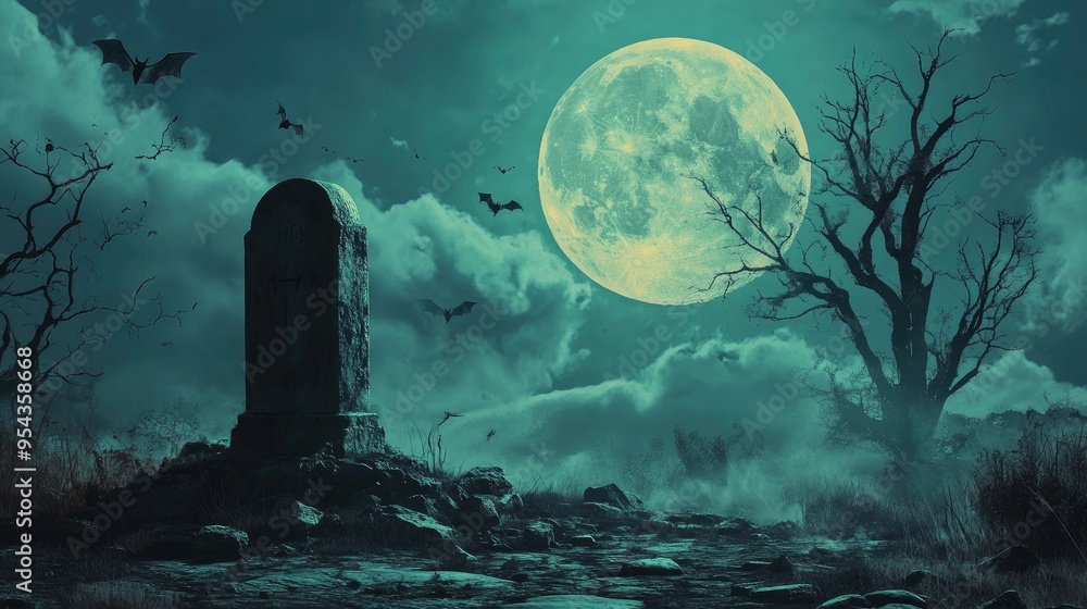 Halloween background. Scary tombstone on graveyard, big ominous moon, creepy dry trees, flying bats. Banner for party invitation. Halloween vector illustration. . Halloween background. Scary tombstone on graveyard, big ominous moon, creepy dry trees, flying bats. Banner for party invitation. Halloween vector illustration. .