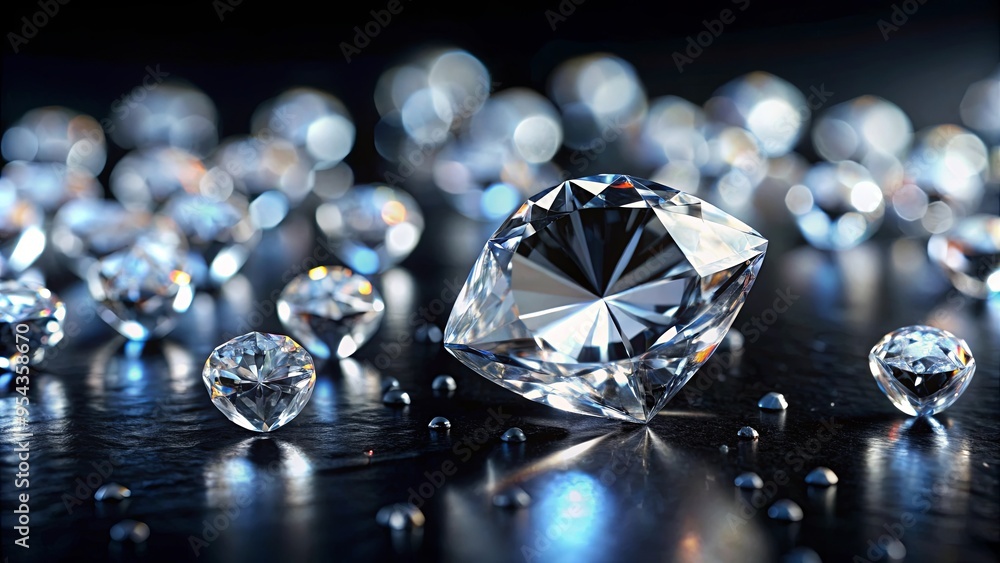 Close up of a diamond on black surface with blurry background of other diamonds Close up of a diamond on black surface with blurry background of other diamonds