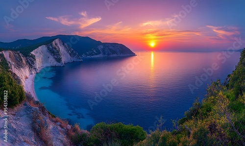 Sunset Over a Cove with a Mountainous Coastline