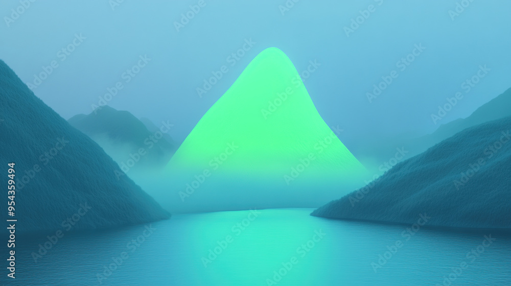 Fototapeta premium A glowing green mountain peak rises above a still, misty lake in a surreal landscape.