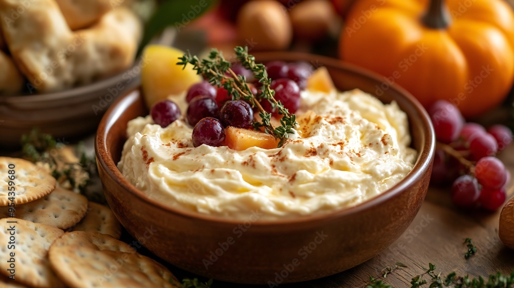 A creamy cheese spread with crackers and fruit, set out as a Thanksgiving appetizer. A creamy cheese spread with crackers and fruit, set out as a Thanksgiving appetizer.