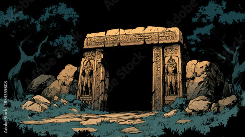 Ancient Stone Gate with Mysterious Dark Entrance in a Creepy Forest, Fantasy Adventure Illustration with Haunted Vibes