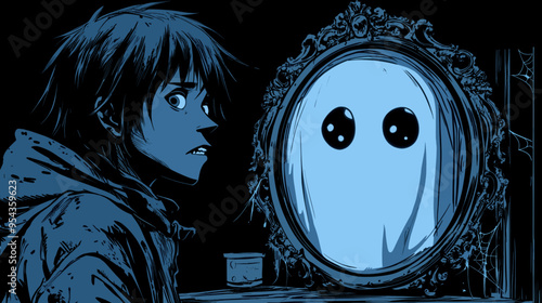 Eerie Reflection of a Ghost in an Ornate Mirror as a Young Man Looks On, Dark and Surreal Illustration