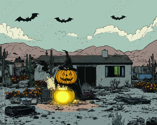 Pumpkin-Headed Witch Brewing a Potion in an Abandoned Desert Homestead, Spooky Halloween Scene with Bats and Cacti